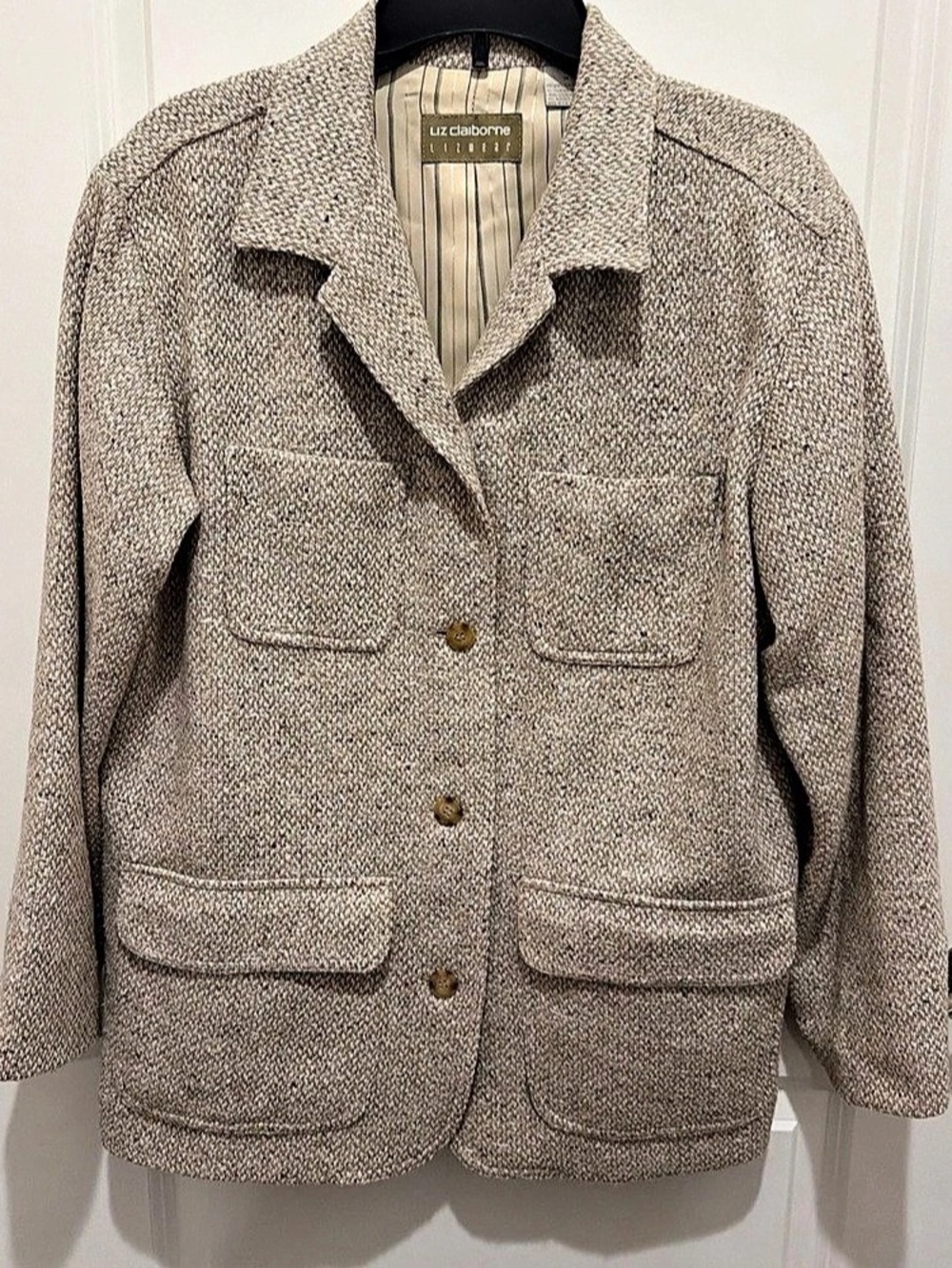 Vintage Liz Claiborne Textured Striped Blazer in Brown & Cream Size Medium